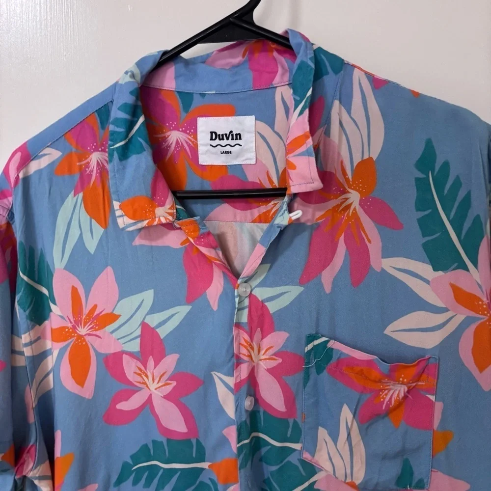 Duvin Men's Blue Hawaiian orange pink Floral button down Short-Sleeve Shirt